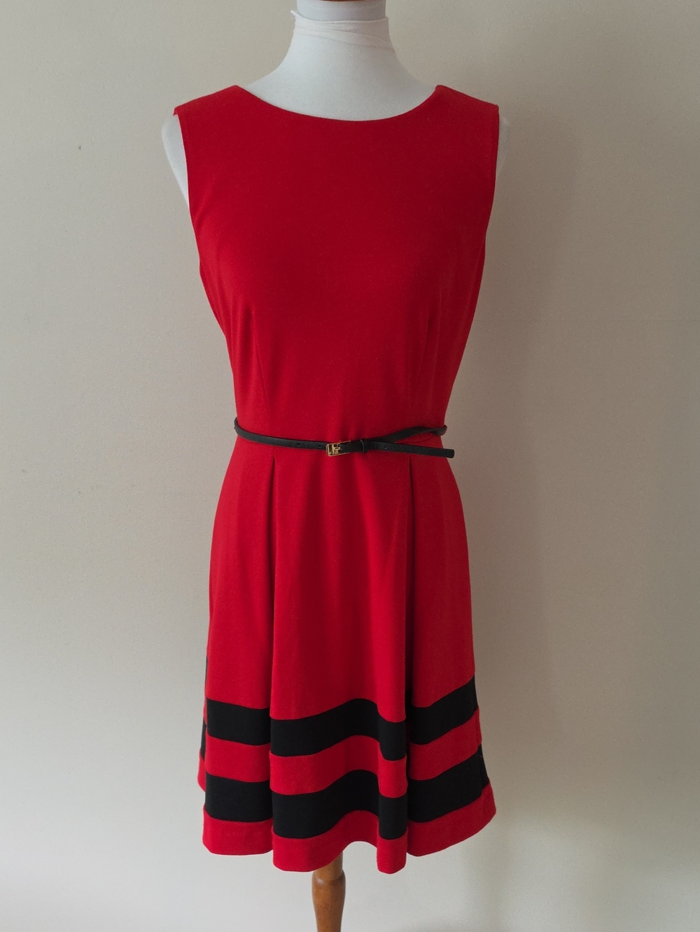 Calvin Klein Classic Red Tank Dress with Black Stripe Hem